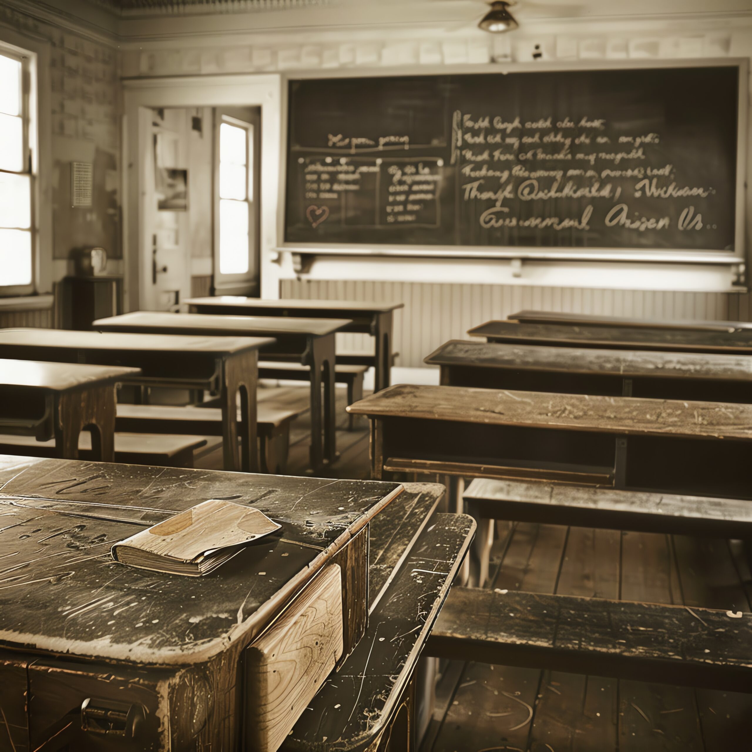 Nostalgic classroom from the 1960s, wooden desks, chalkboard with cursive writing, sepia-toned